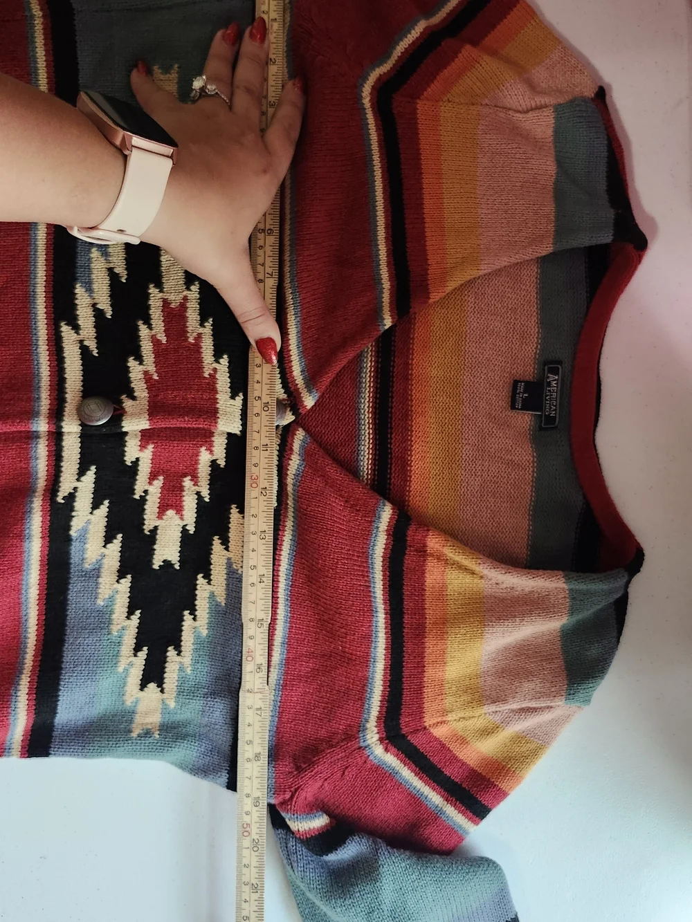 American Living Multicolor Striped V-Neck Cardigan with Aztec Motif